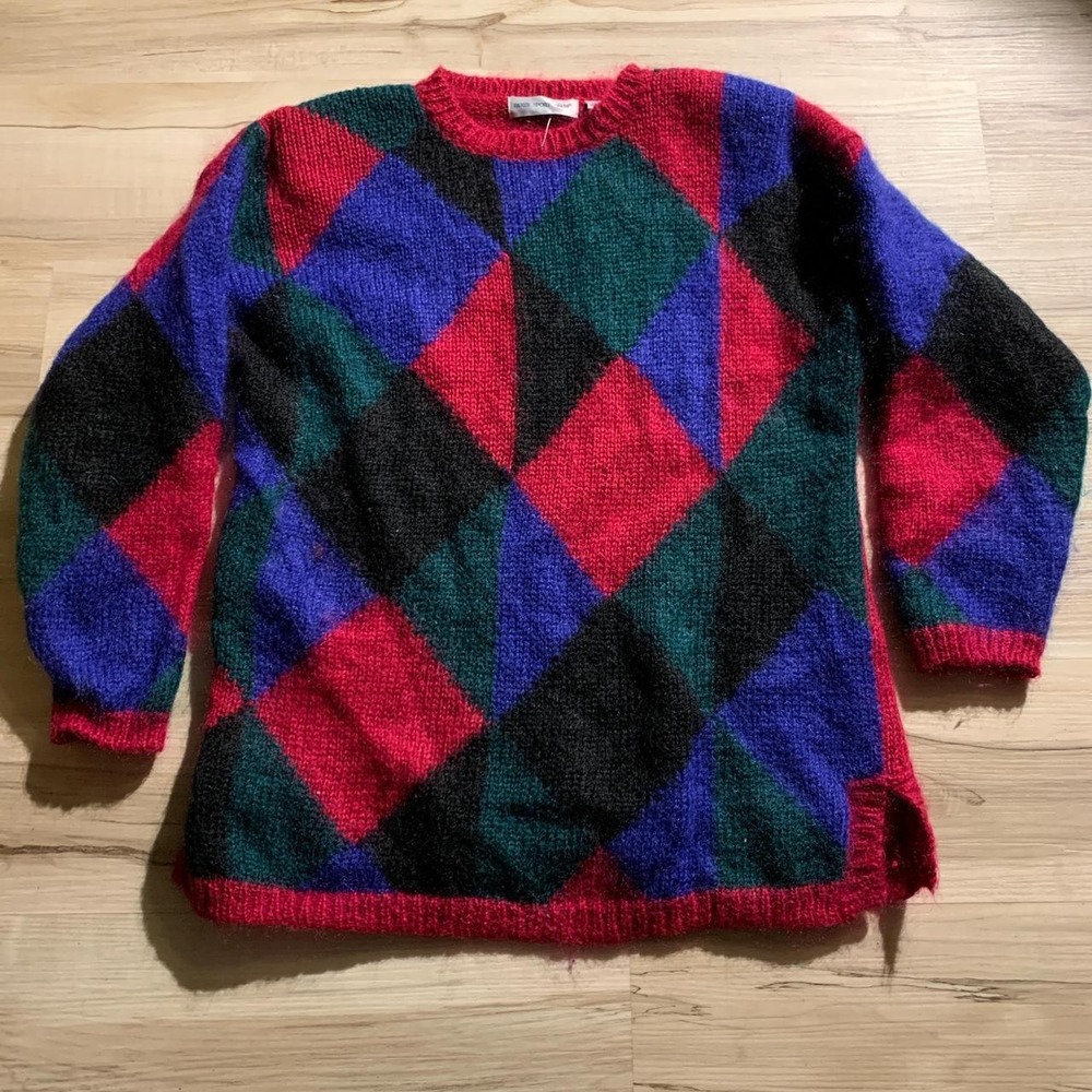 Paris Sport Club Vintage 90s Mohair Blend Argyle Sweater Large Multicolor